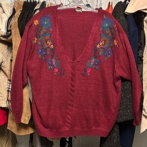 Vintage Granny Core Hand-Embroidered Comfy V-Neck Sweater in Red Size 2X